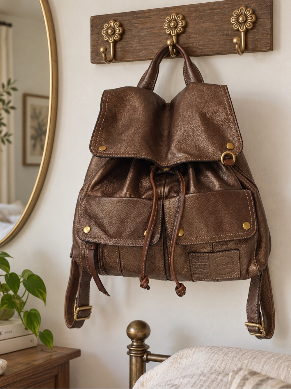 Fossil Womens Brown Leather Backpack Rucksack Boho Travel Shoulder Bag Vintage